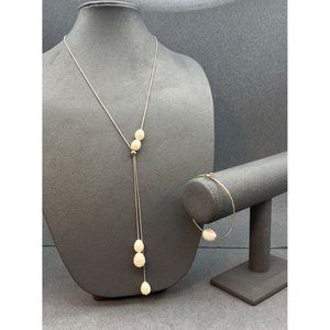 Chicos Y Drop Necklace NWT Bonus Bracelet Silver Organic Pearl Slinky Bangle